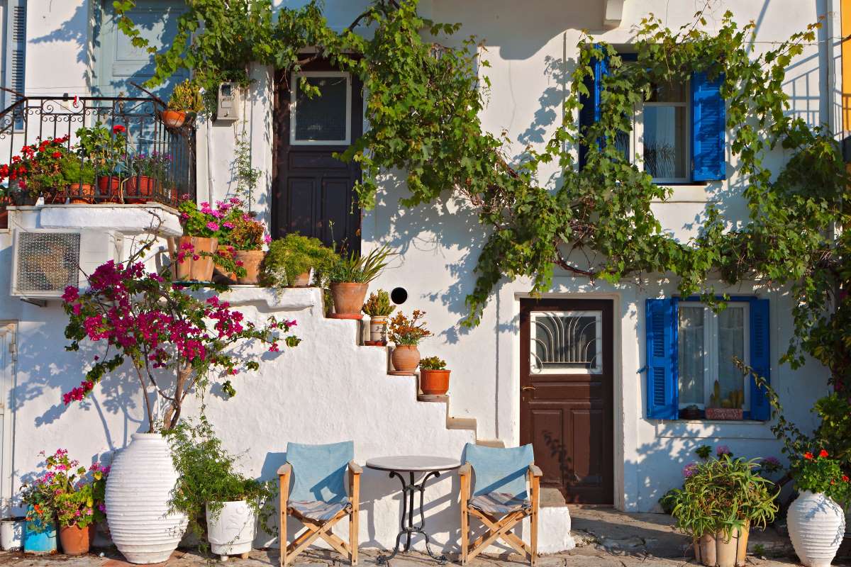 A traditional house in Greece with vines and plants growing outside.